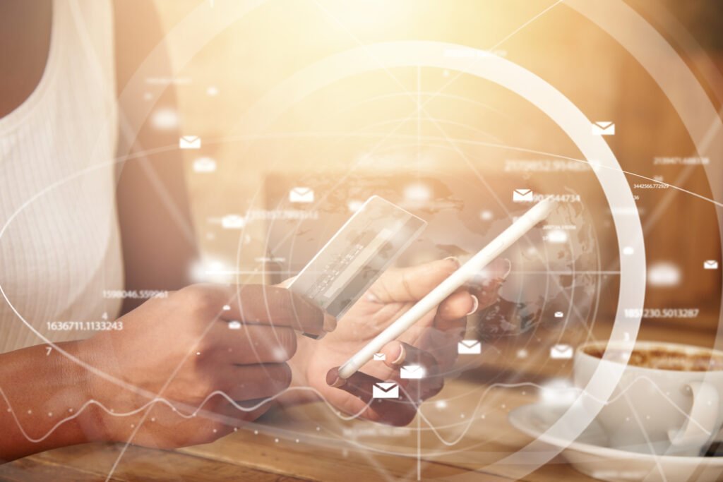 Worldwide connection interface. Cropped shot of black female student checking balance on her card via online banking application using electronic gadget, sitting at a coffee shop. Visual effects